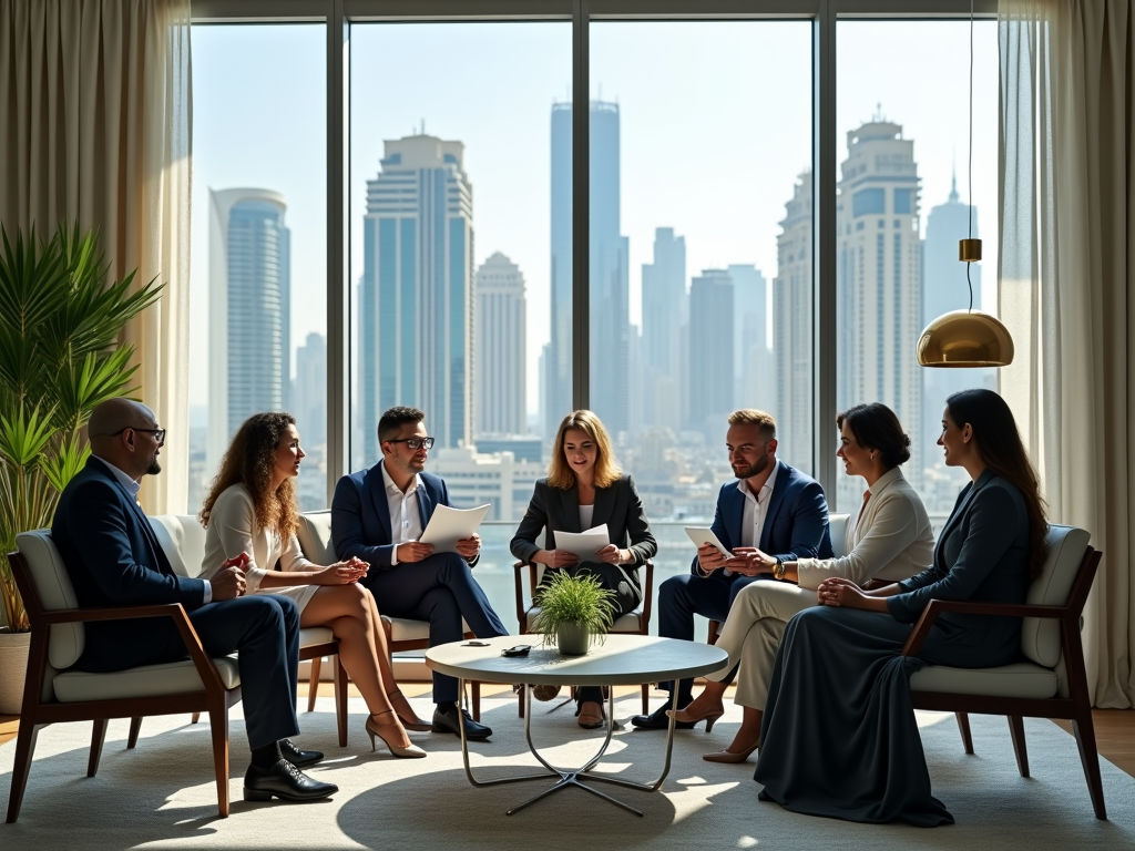 Business professionals discussing in a modern office with city skyline views through large windows.