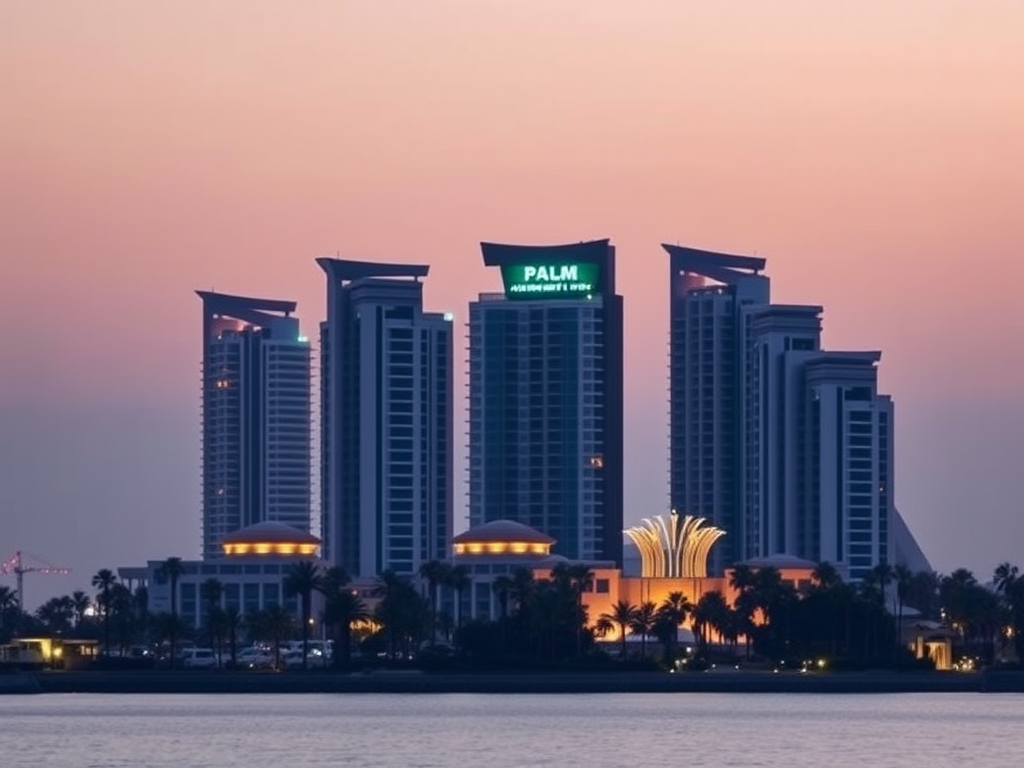 Silhouette of skyscrapers at dusk with vibrant colors, featuring "PALM" on one building and illuminated palm trees.