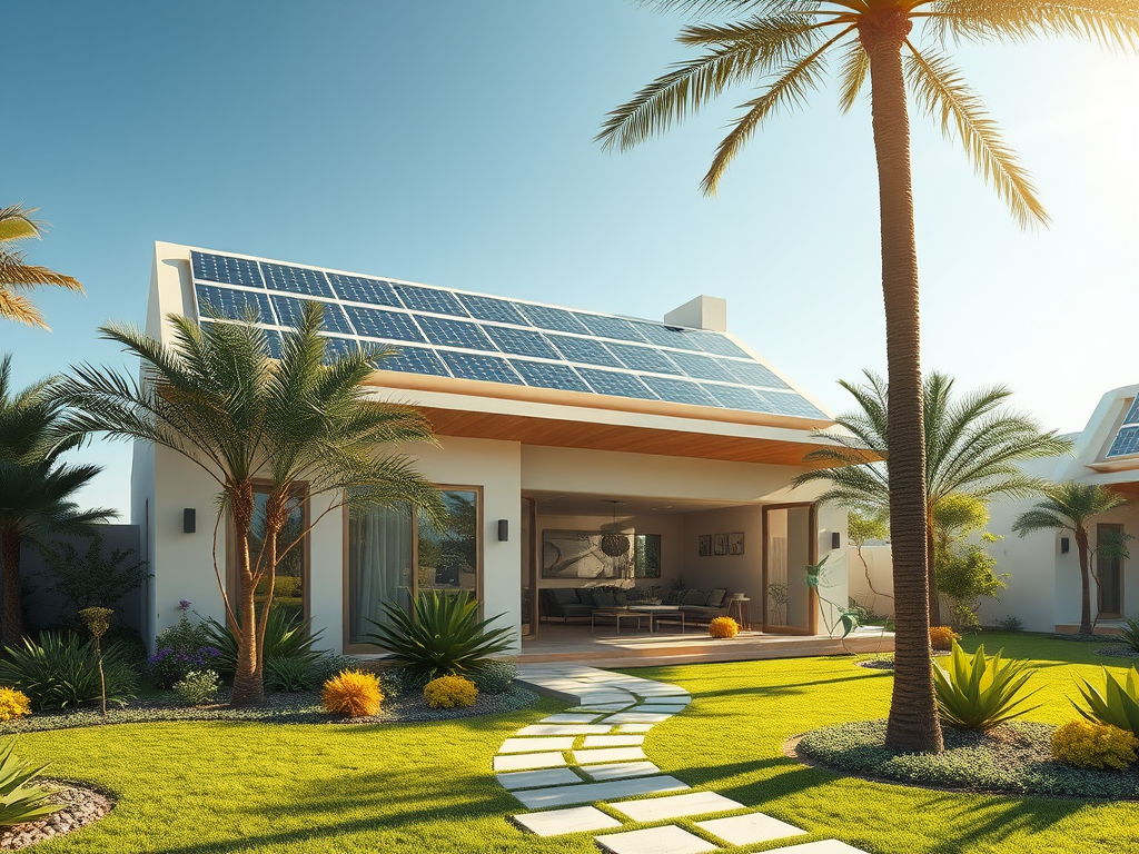 A modern home with solar panels, surrounded by lush greenery and palm trees under a clear blue sky.