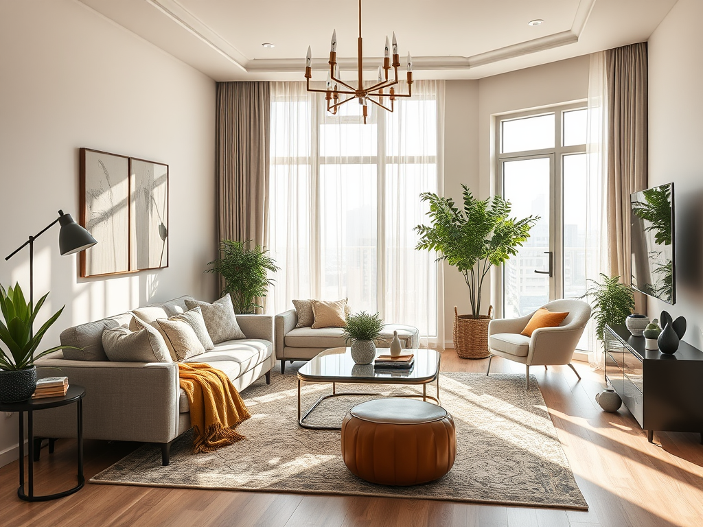 A bright, modern living room with large windows, plants, a cozy sofa, and stylish decor.