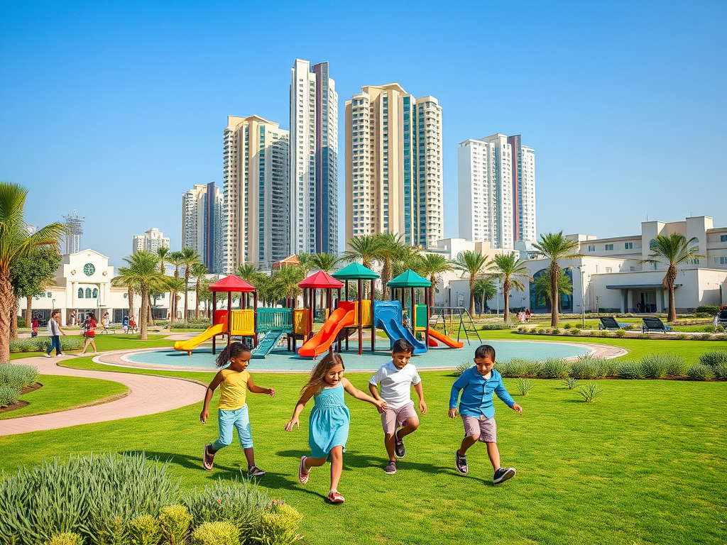 Four children play joyfully in a park with a playground, surrounded by tall buildings and palm trees under a clear sky.