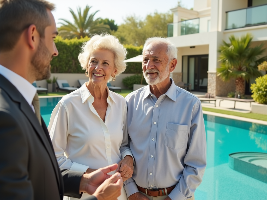 Elderly couple talking with a young man by a pool in front of a modern house.