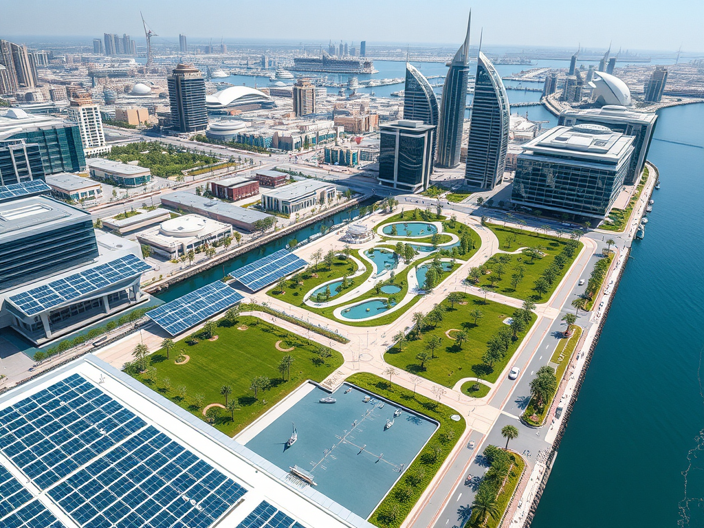 Aerial view of modern buildings and parks with water features, near a marina and solar panels in a vibrant cityscape.