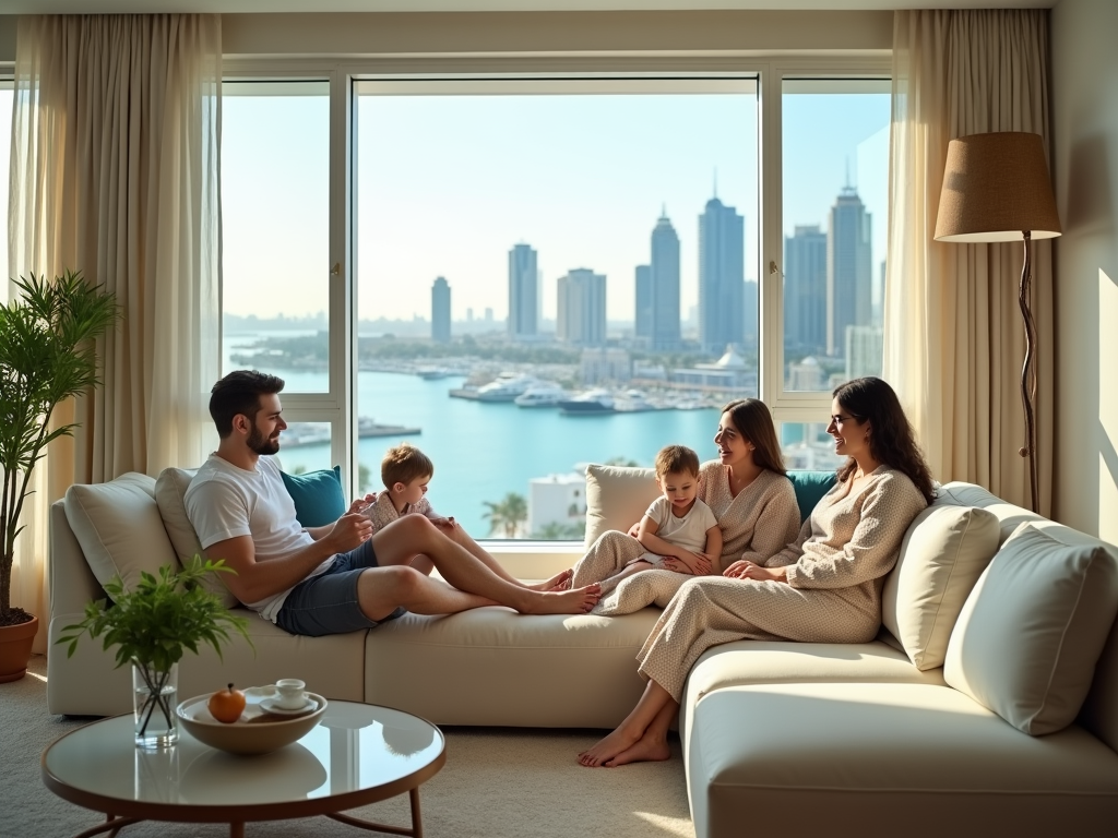 Family relaxing in a living room with a scenic view of a city skyline and waterfront through a large window.