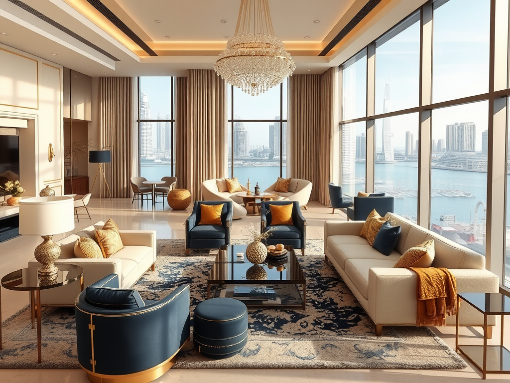 A luxurious living room with large windows, elegant furniture, and a view of the water and city skyline.