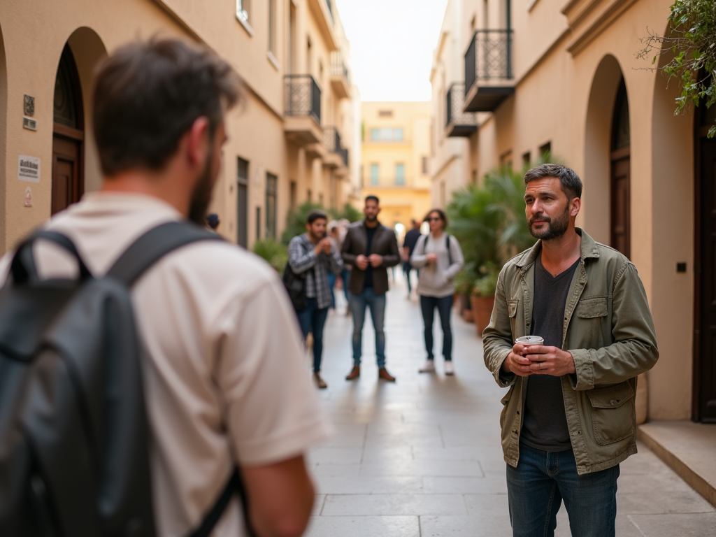 Man holding coffee cup listens to a person off-camera in a busy pedestrian alley.