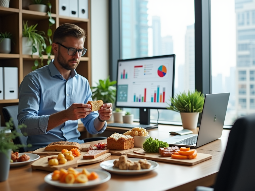 Man eating breakfast at office desk, examining food, with laptop and analytics charts in background.